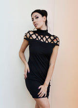 Black Turtleneck Dress with chest design, short sleeves