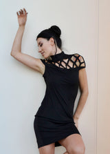 Black Turtleneck Dress with chest design, short sleeves