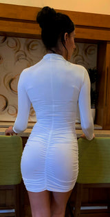 Off-white Women Fashion Elegant Bodycon Dress with long sleeves and drawstring design on the back.